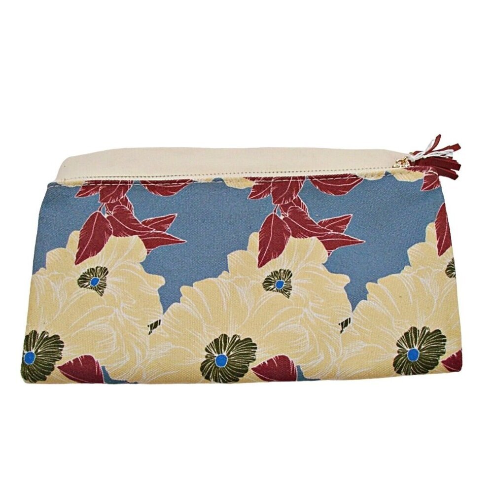 Rachel Pally Floral Printed Canvas Leather Trim Clutch Bag Tassel Zipper Magnet